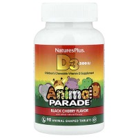 NaturesPlus, Animal Parade, вітамін D3, черешня, 12,5 мкг (500 МО), 90 таблеток у формі тварин